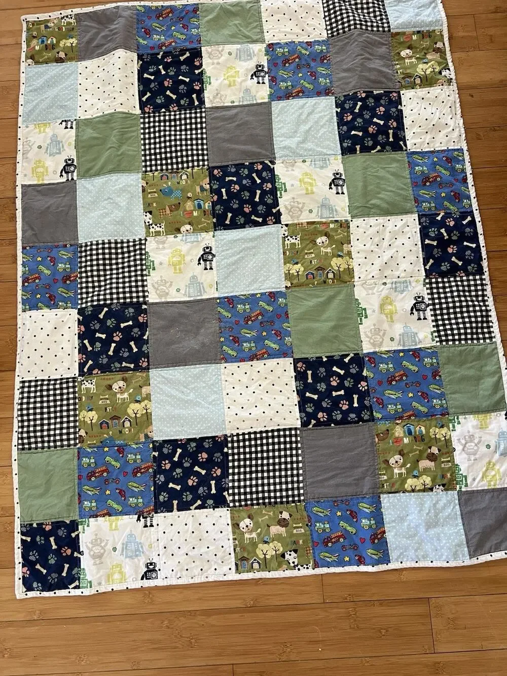 Handmade Unisex Cotton Quilted Blanket Blue Graham Dog Robots Cars Very Soft Kid